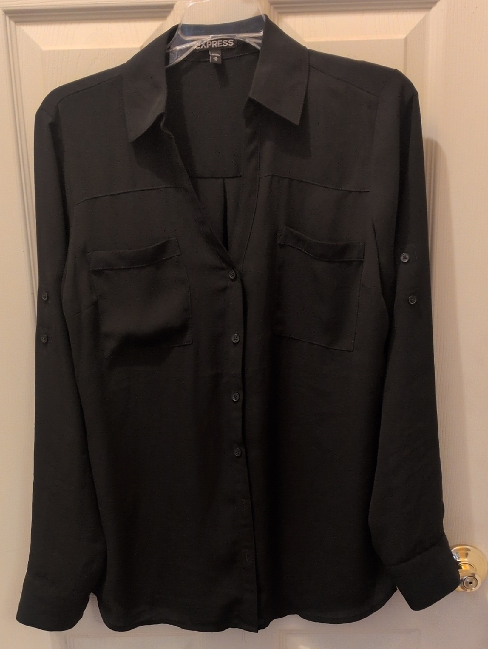 Express Black Long-Sleeve Button-Down Shirt with Chest Pockets